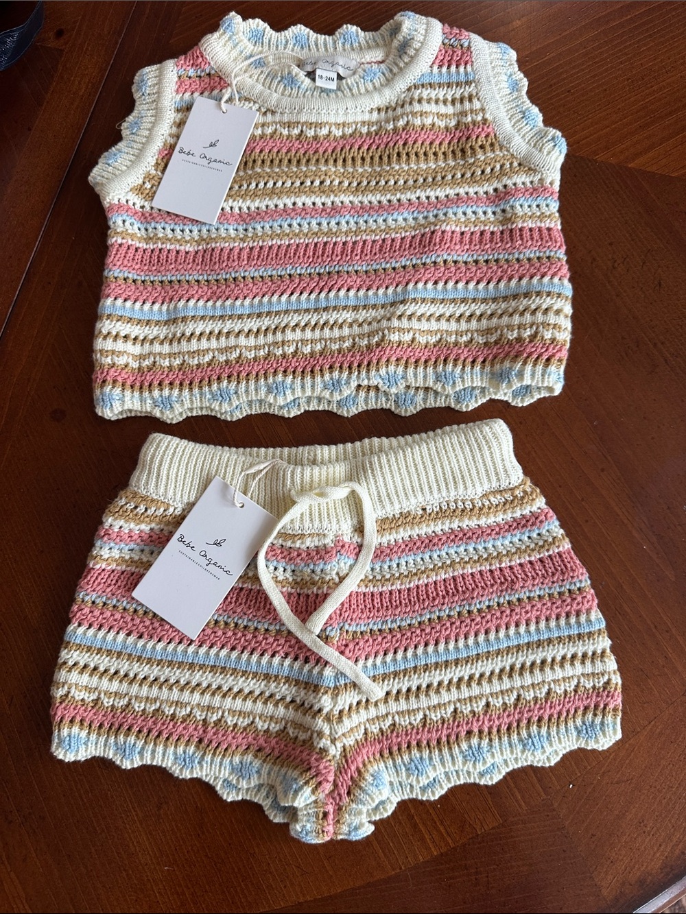 Bebe Organic Girls' Cream Multi-Stripe Knit Matching Set - Top & Shorts